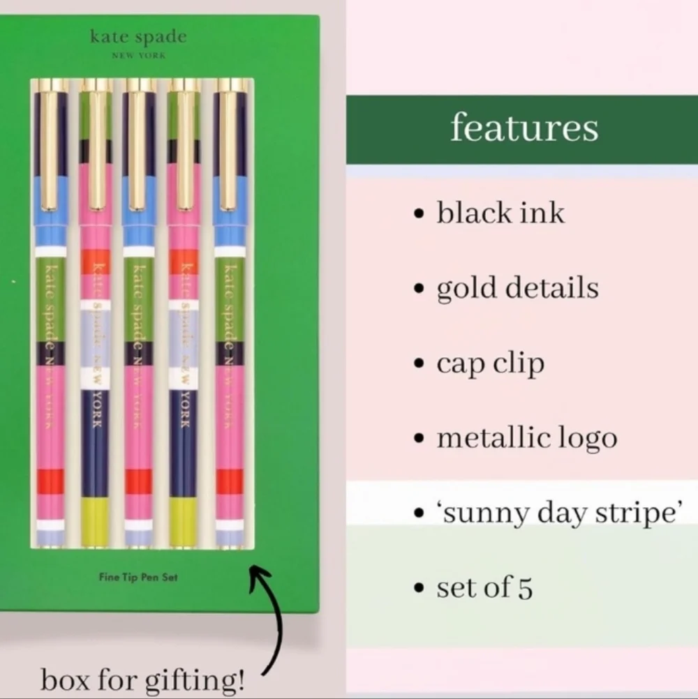 NIB Kate Spade Pen Set - Multi Striped Fine Tip Pens - Picture 2 of 3